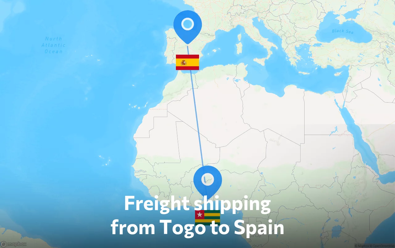 Shipping route from Togo to Spain