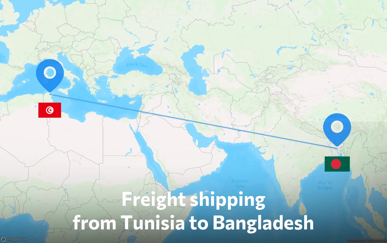 Shipping route from Tunisia to Bangladesh