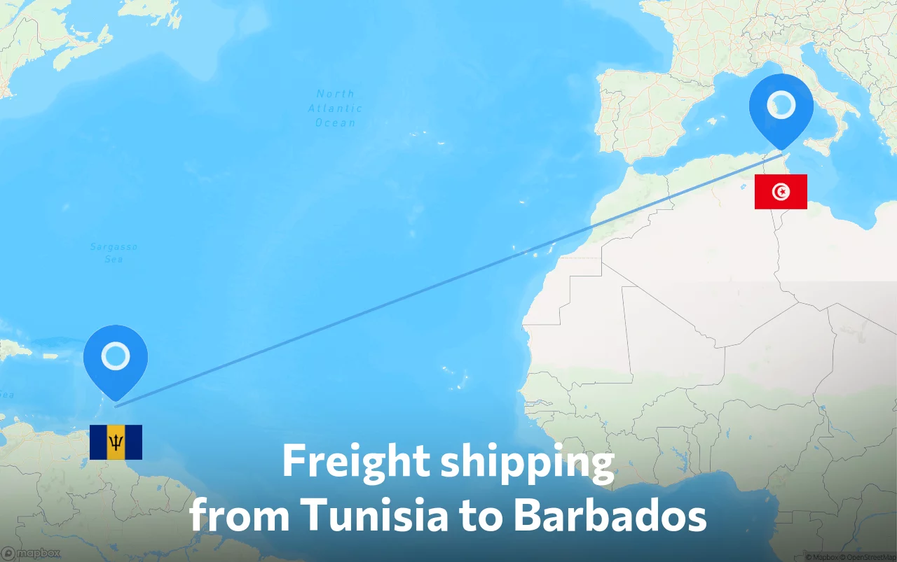 Shipping route from Tunisia to Barbados