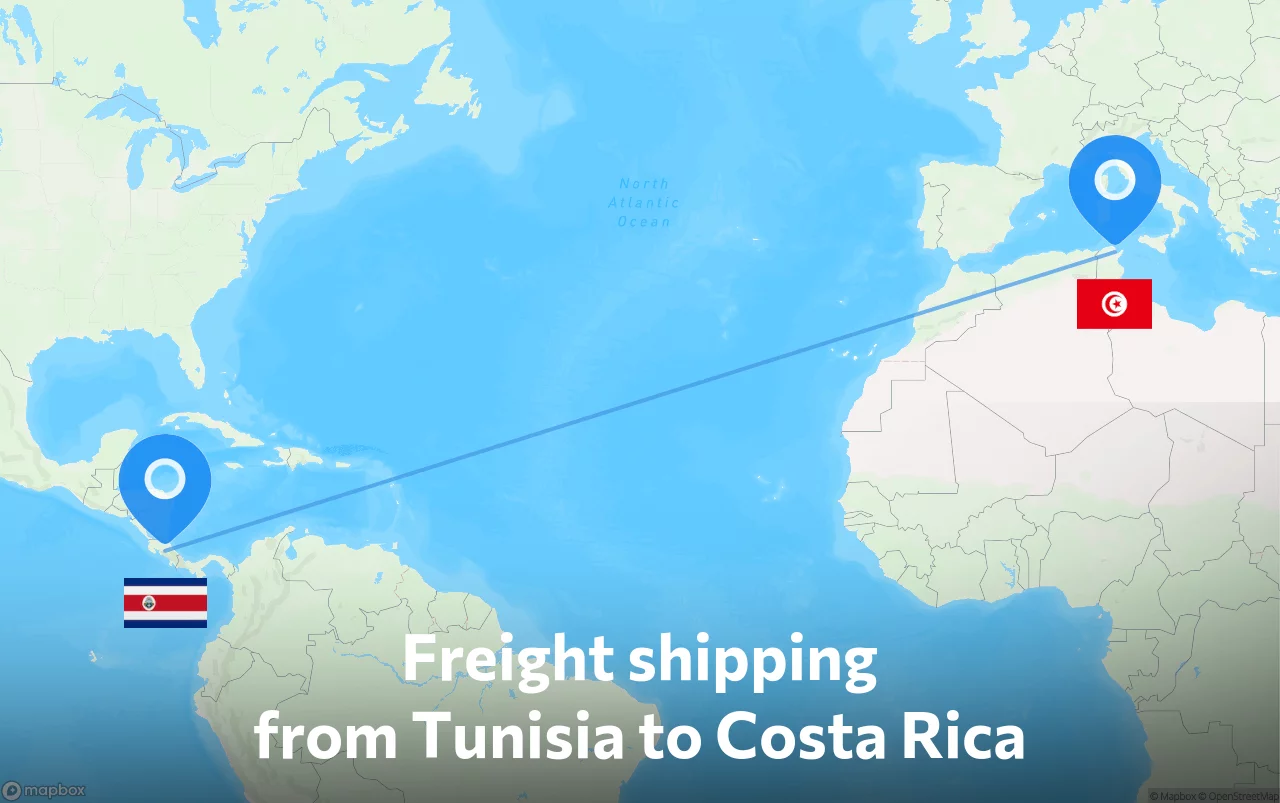 Shipping route from Tunisia to Costa Rica