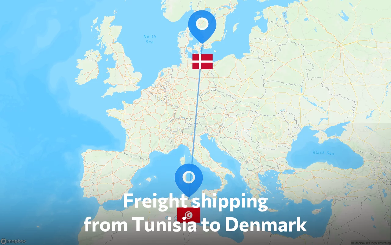 Shipping route from Tunisia to Denmark