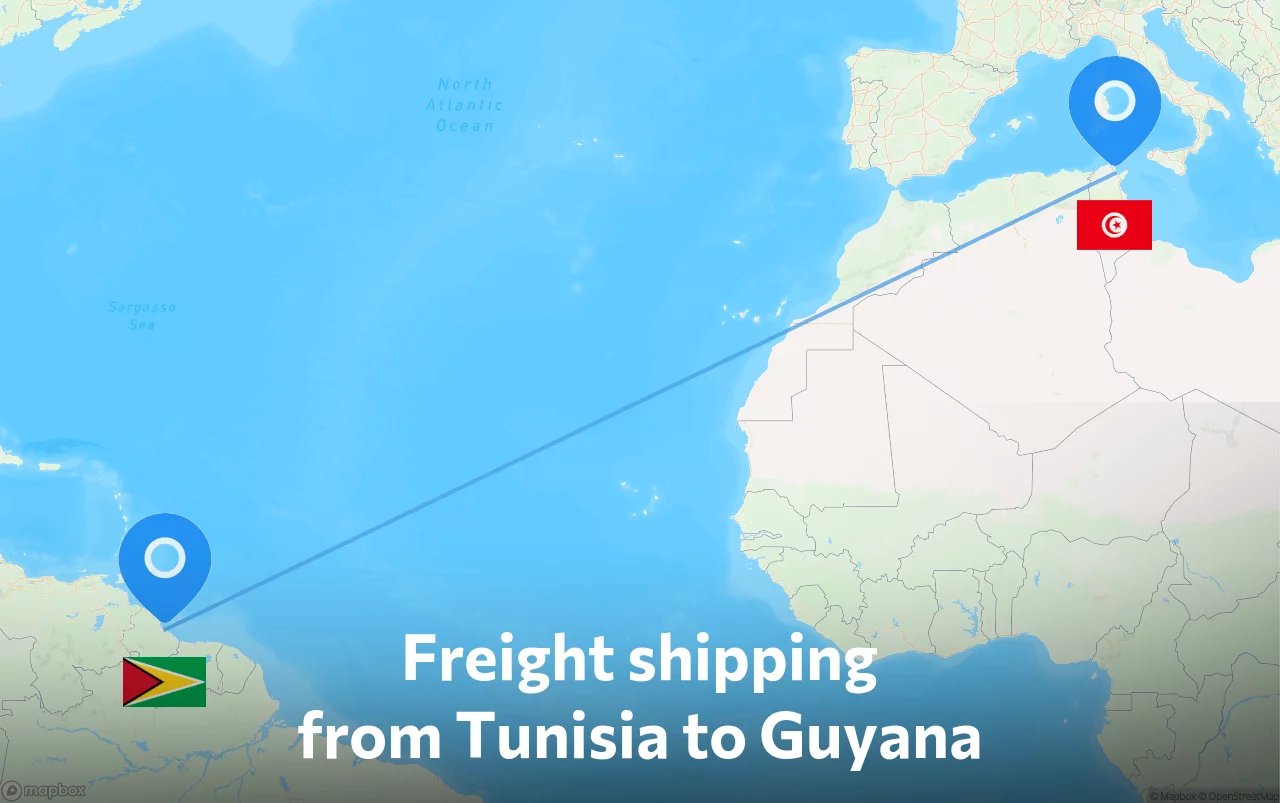 Shipping route from Tunisia to Guyana