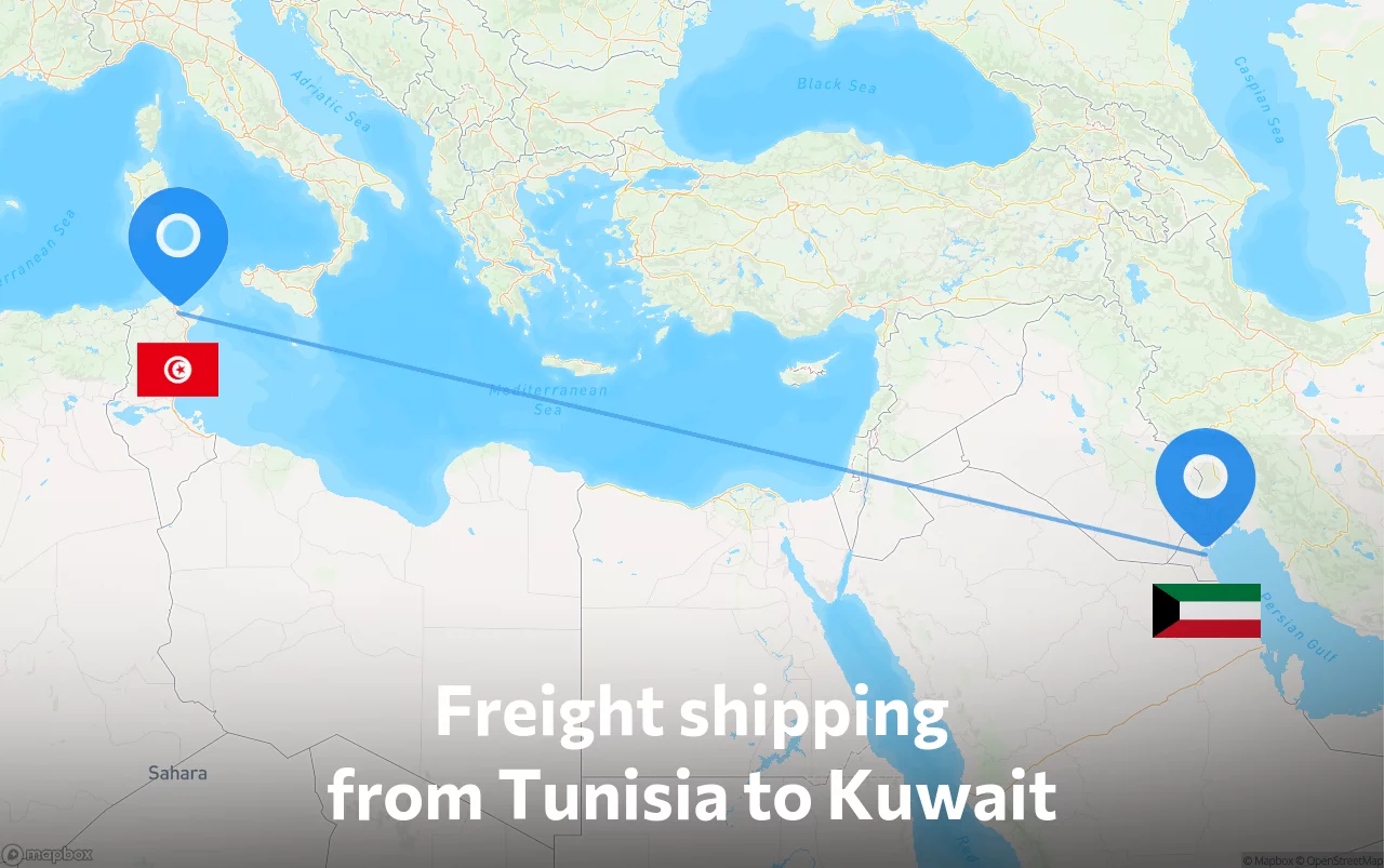 Shipping route from Tunisia to Kuwait