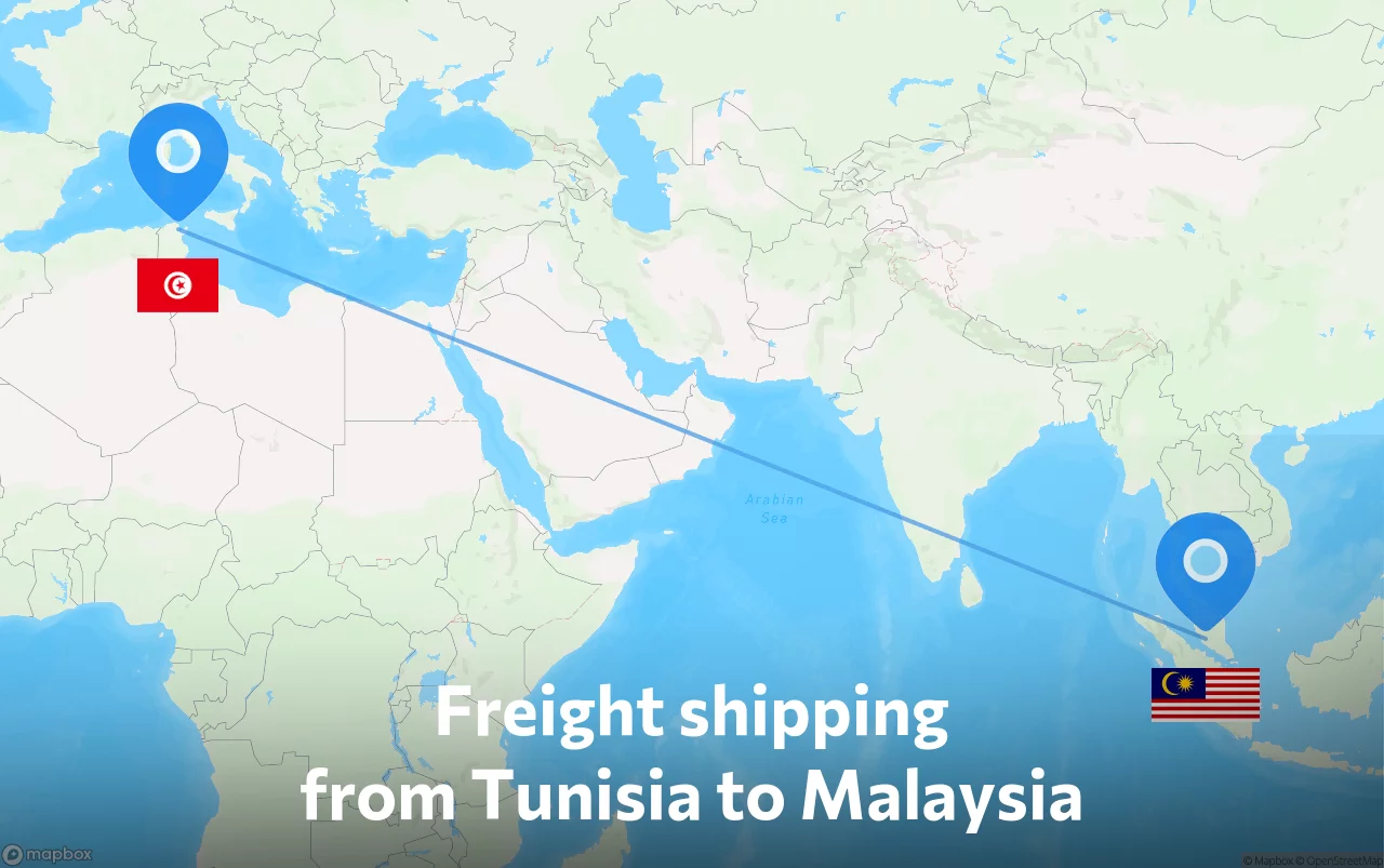 Shipping route from Tunisia to Malaysia