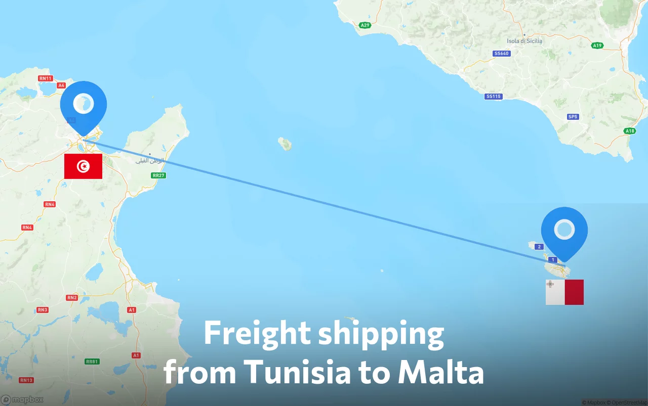 Shipping route from Tunisia to Malta