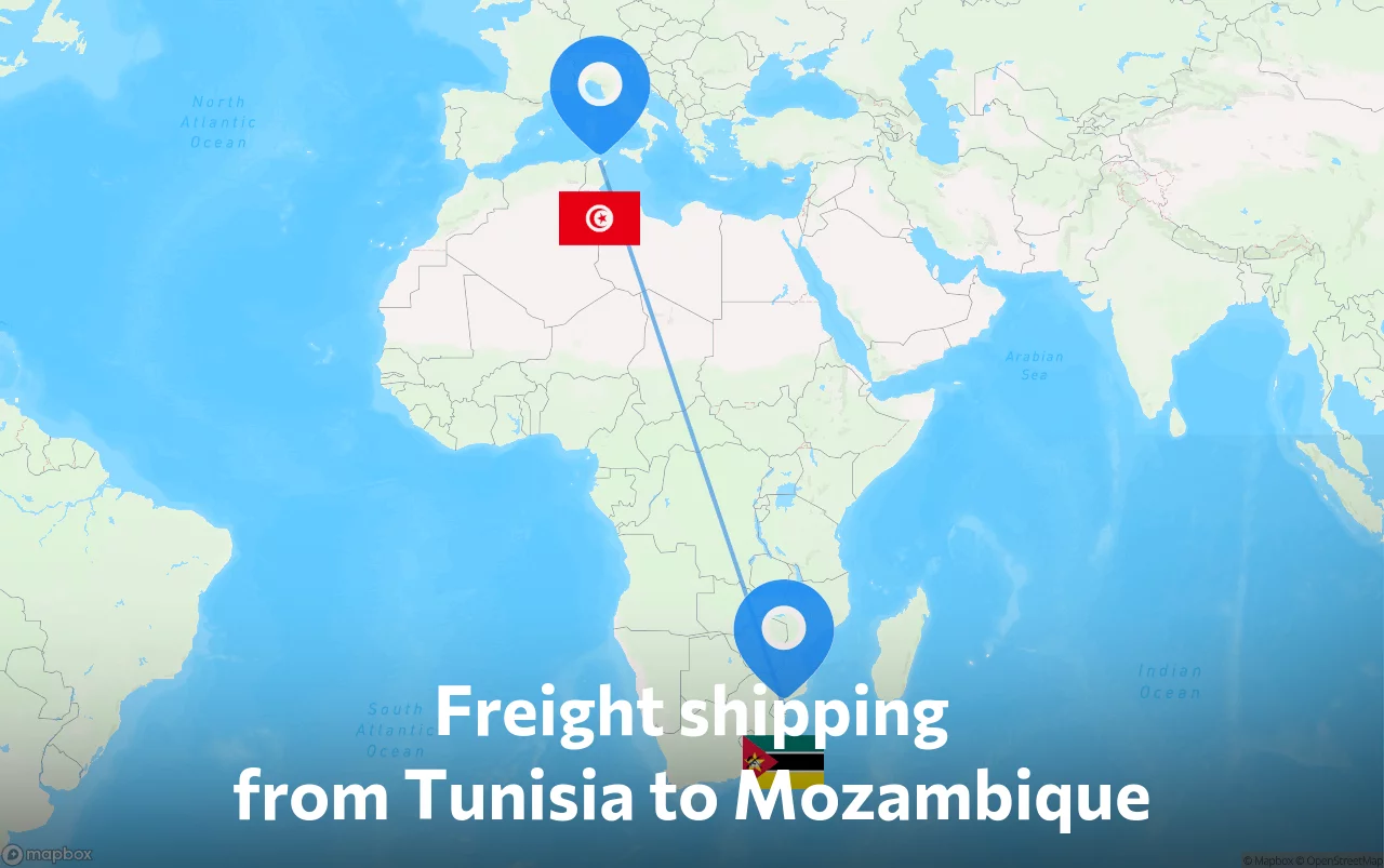 Shipping route from Tunisia to Mozambique