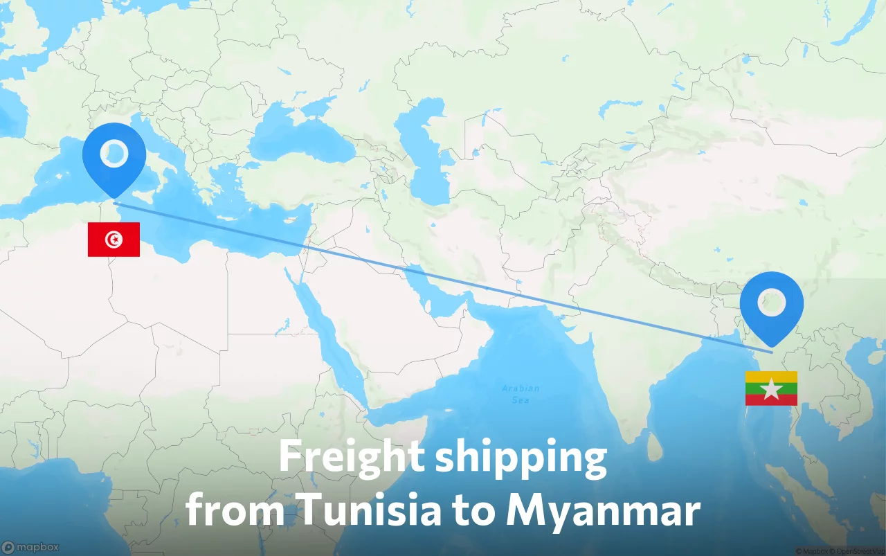 Shipping route from Tunisia to Myanmar