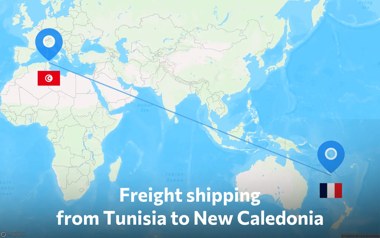 Shipping route from Tunisia to New Caledonia
