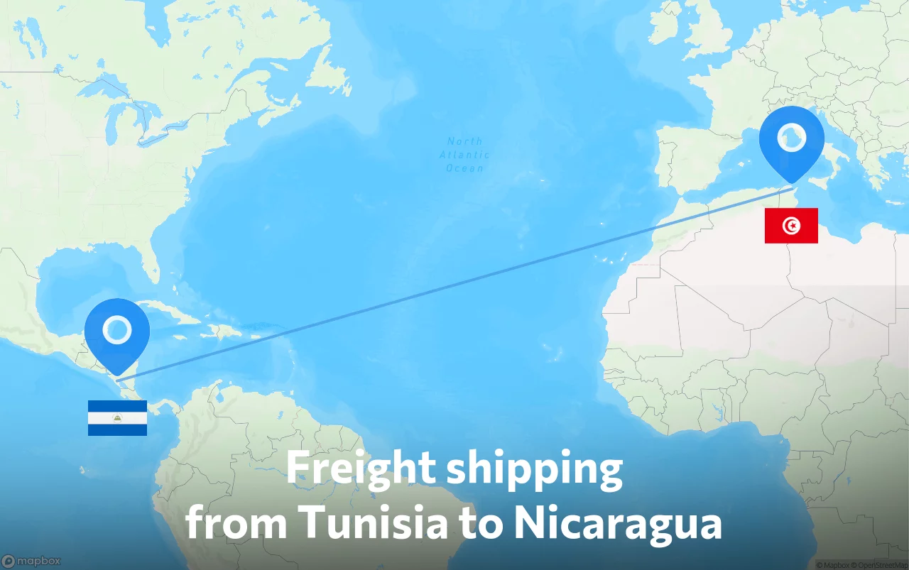 Shipping route from Tunisia to Nicaragua