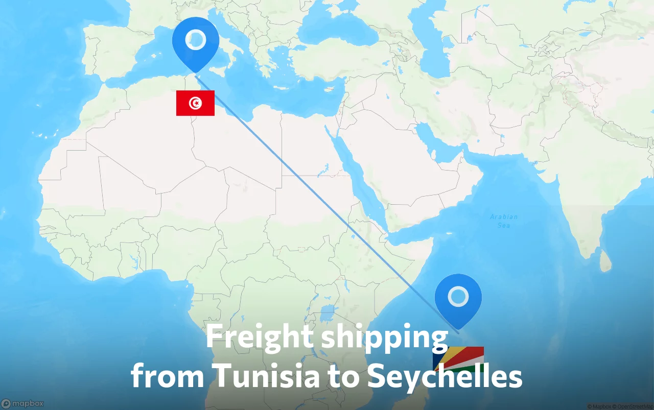 Shipping route from Tunisia to Seychelles