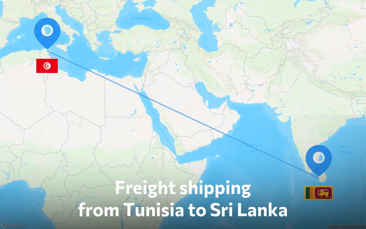 Shipping route from Tunisia to Sri Lanka