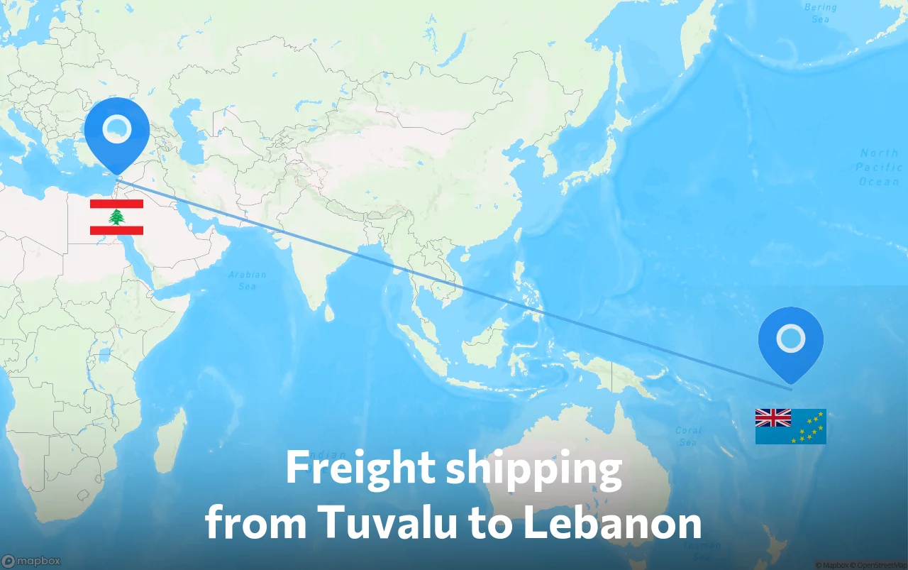 Shipping route from Tuvalu to Lebanon