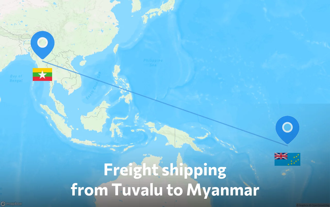 Shipping route from Tuvalu to Myanmar