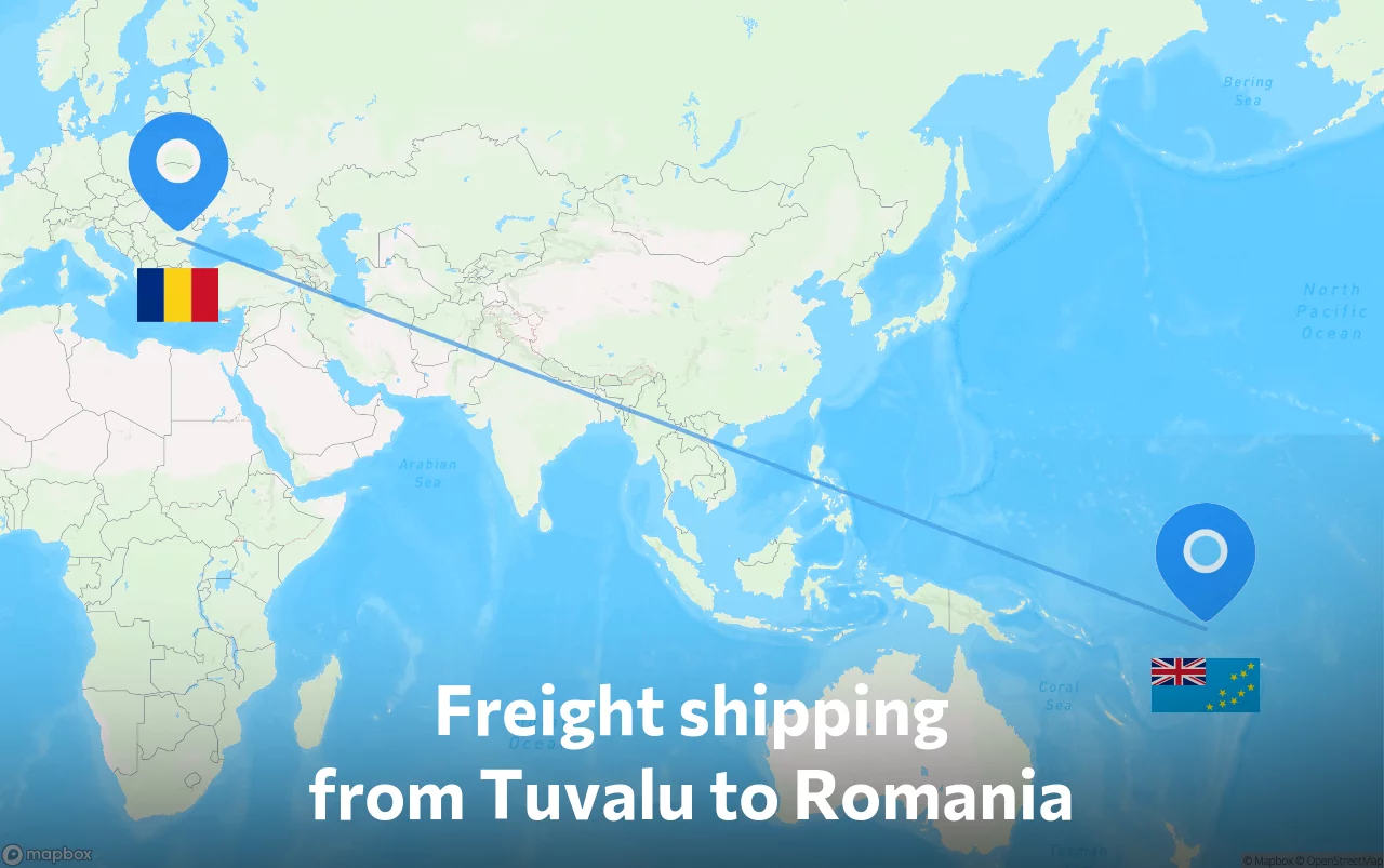 Shipping route from Tuvalu to Romania