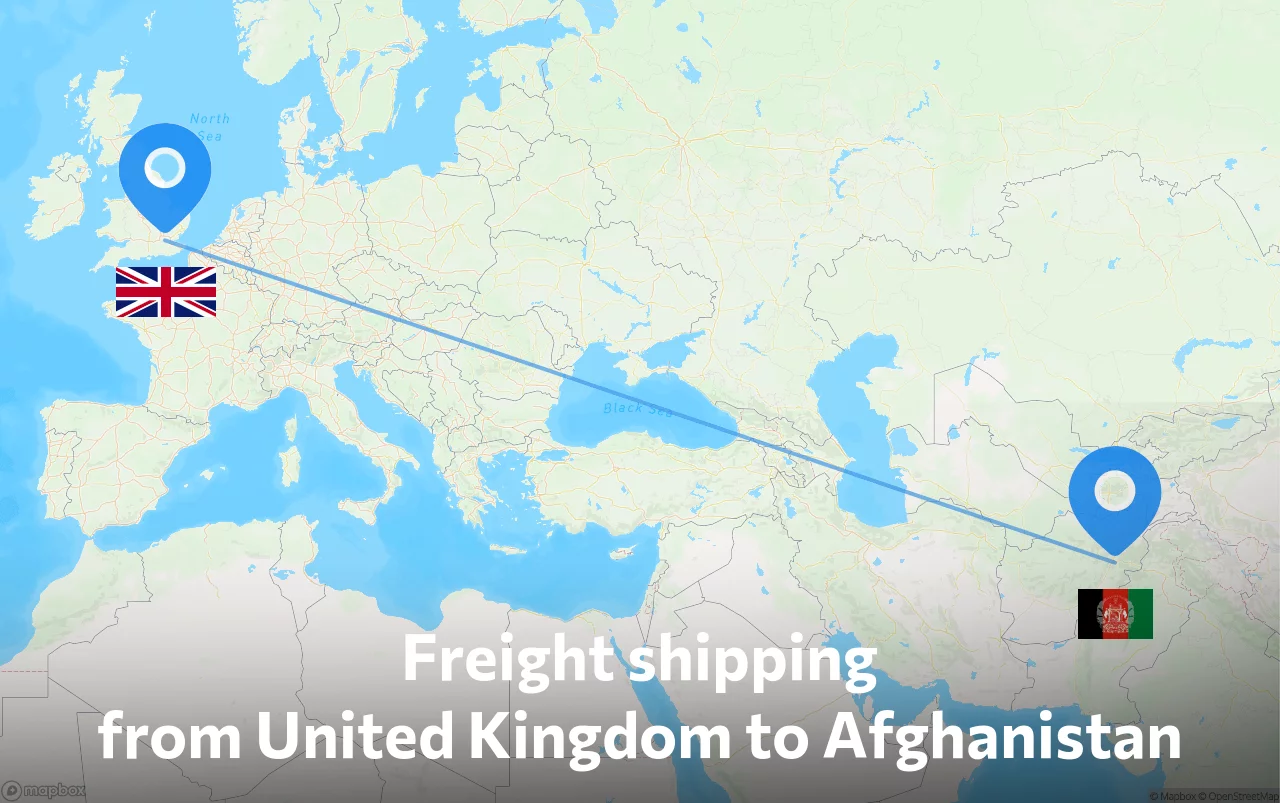 Shipping route from United Kingdom to Afghanistan