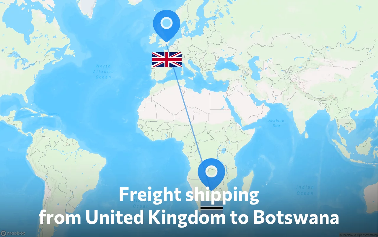 Shipping route from United Kingdom to Botswana