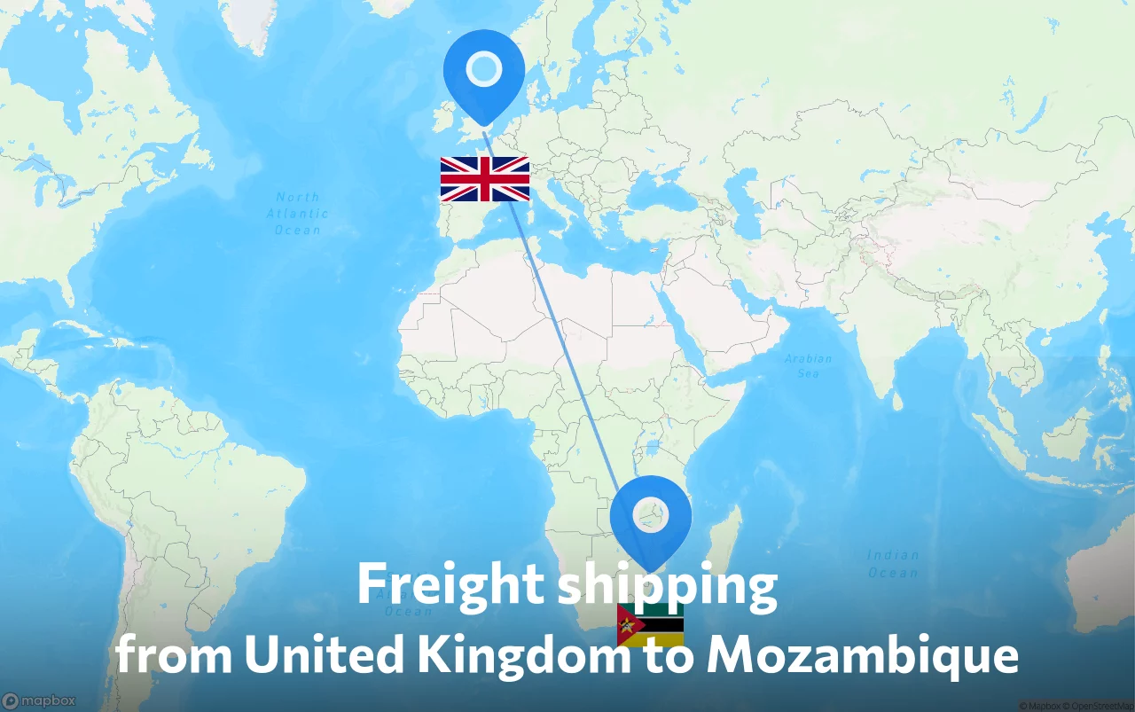 Shipping route from United Kingdom to Mozambique