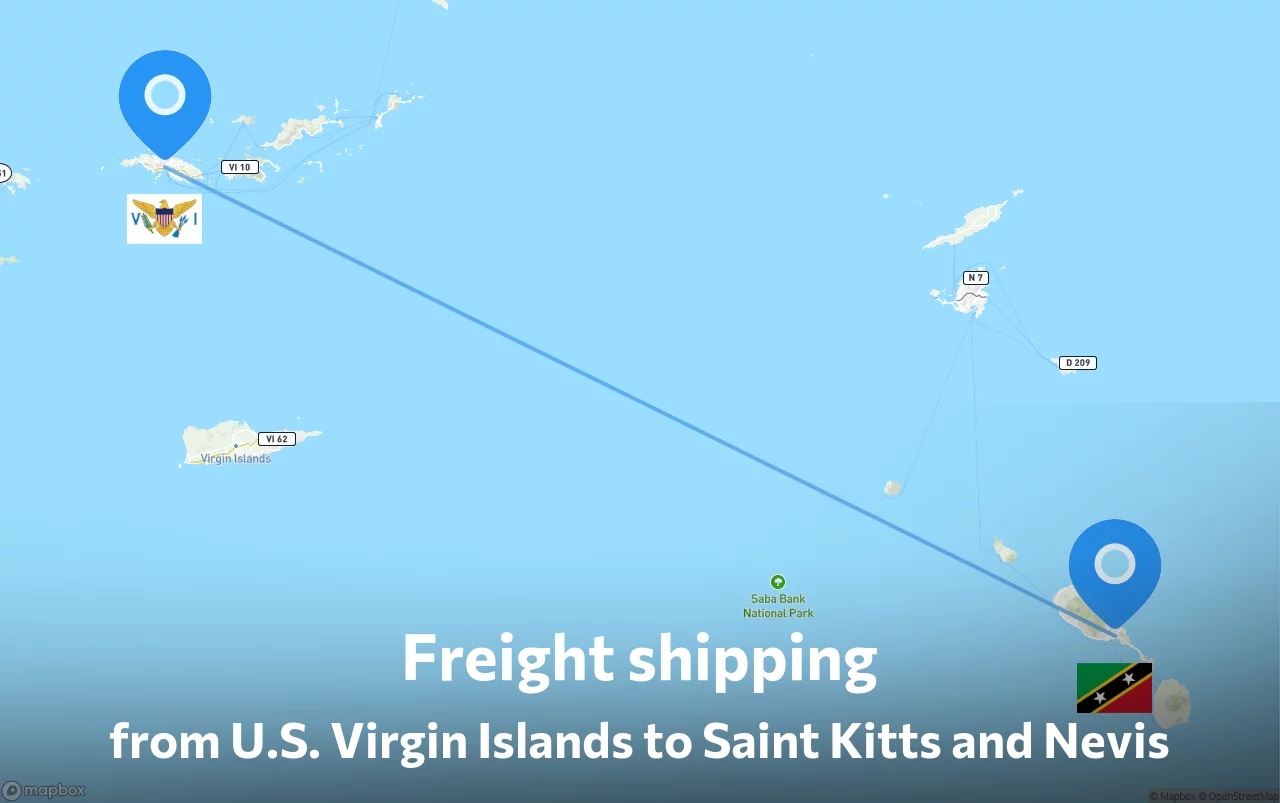 Shipping route from U.S. Virgin Islands to Saint Kitts and Nevis
