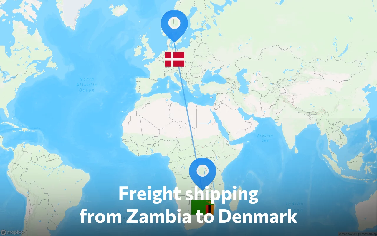 Shipping route from Zambia to Denmark