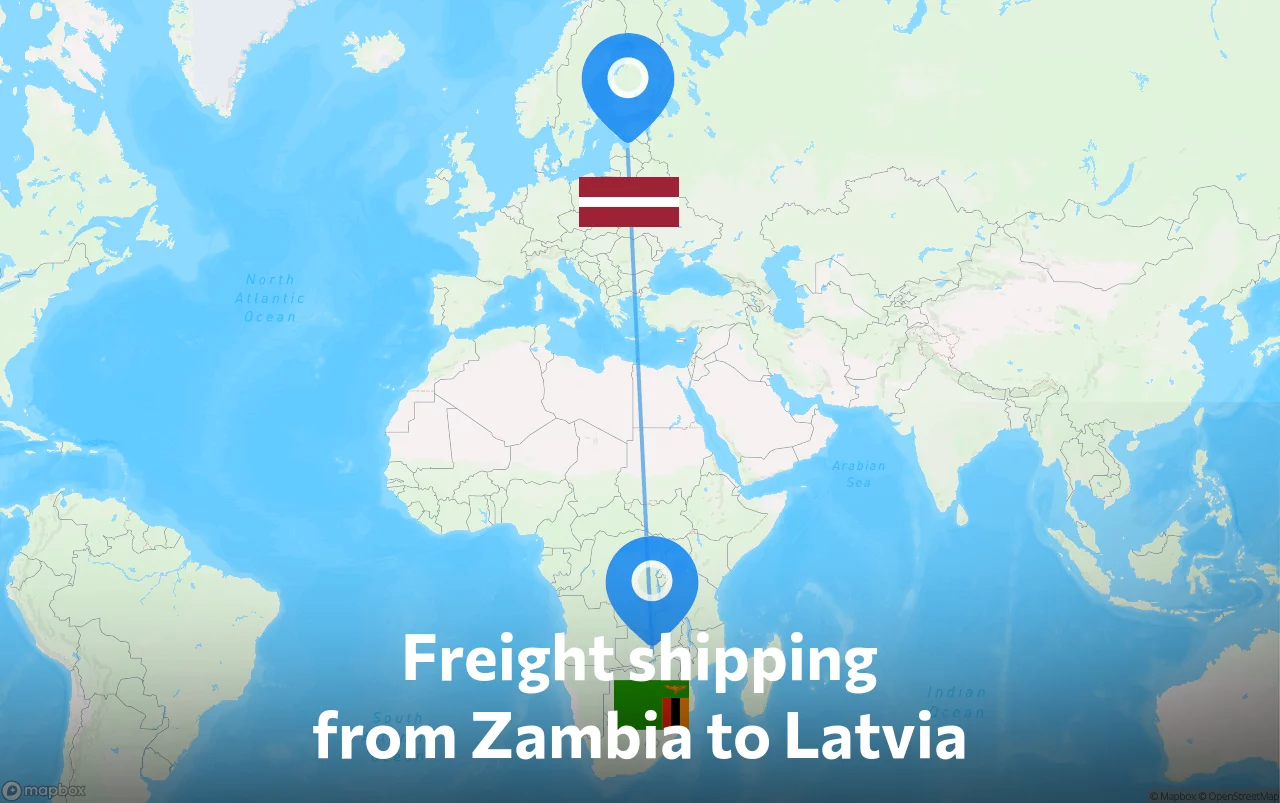 Shipping route from Zambia to Latvia