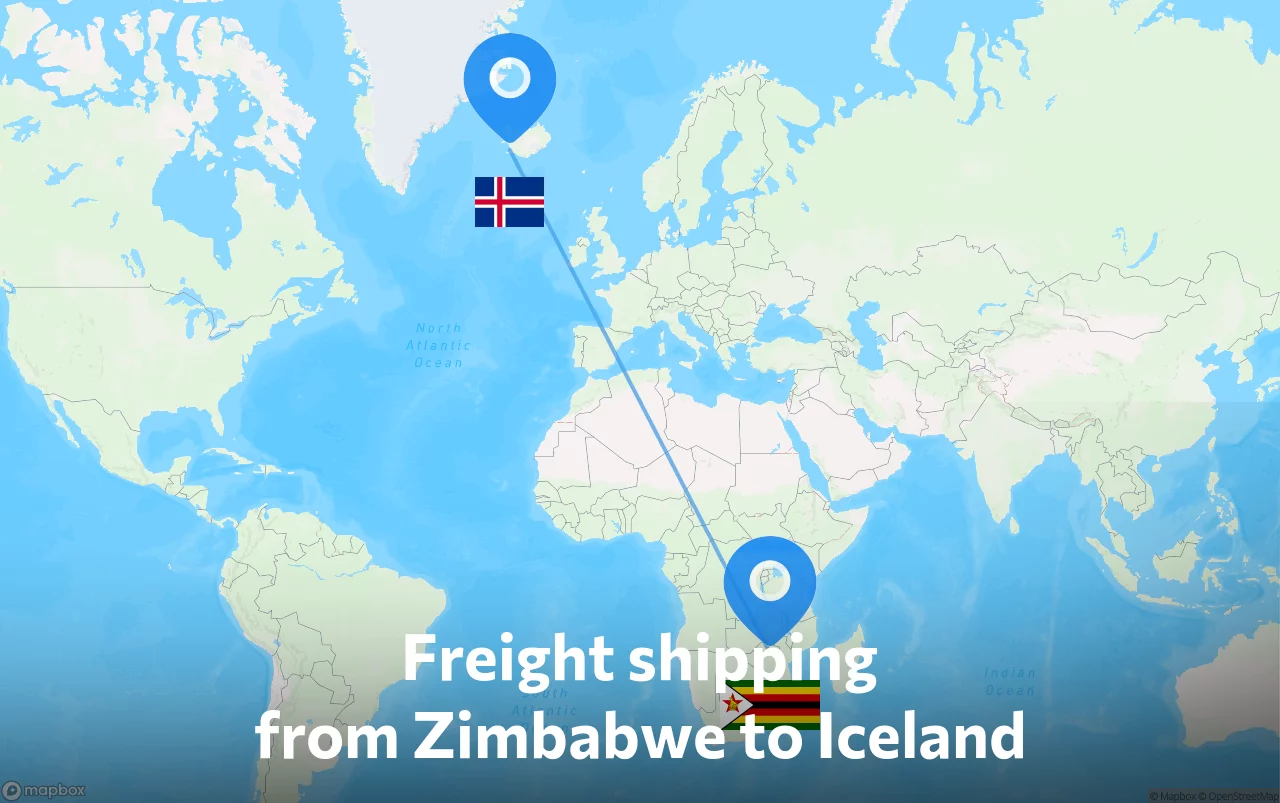 Shipping route from Zimbabwe to Iceland