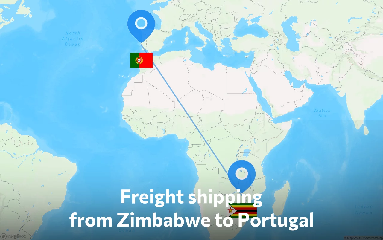 Shipping route from Zimbabwe to Portugal